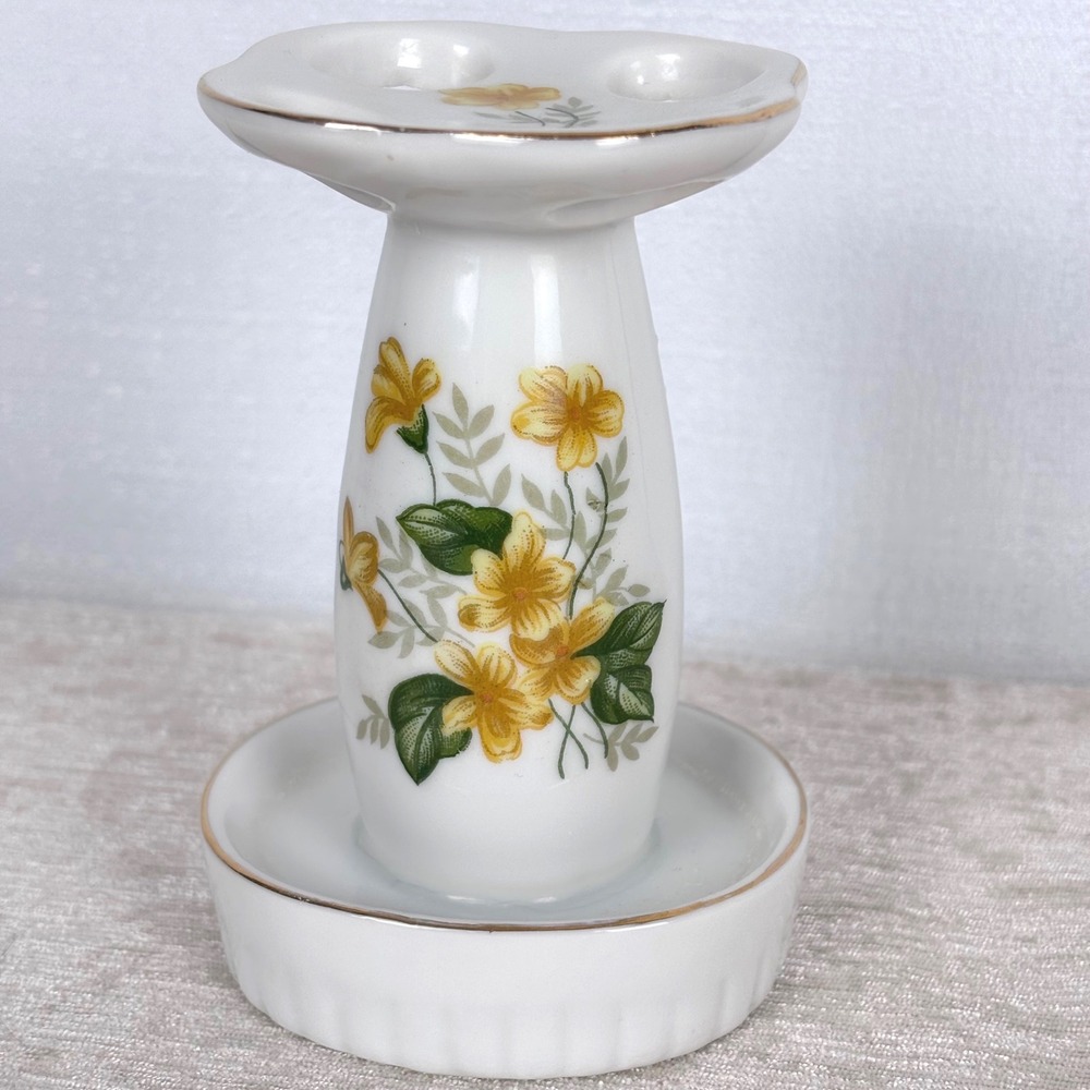 VTG Porcelain Toothbrush Caddy Holder Yellow Flowers Gold Rim JAPAN EUC